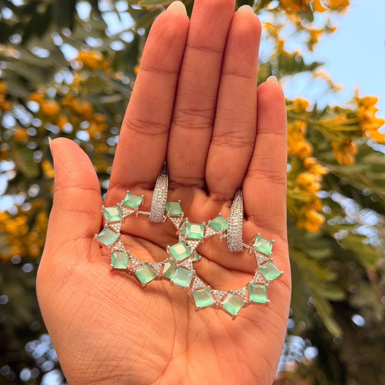 Mint Green CZ Drop Earrings – Silver Emerald Style Indian Jewelry