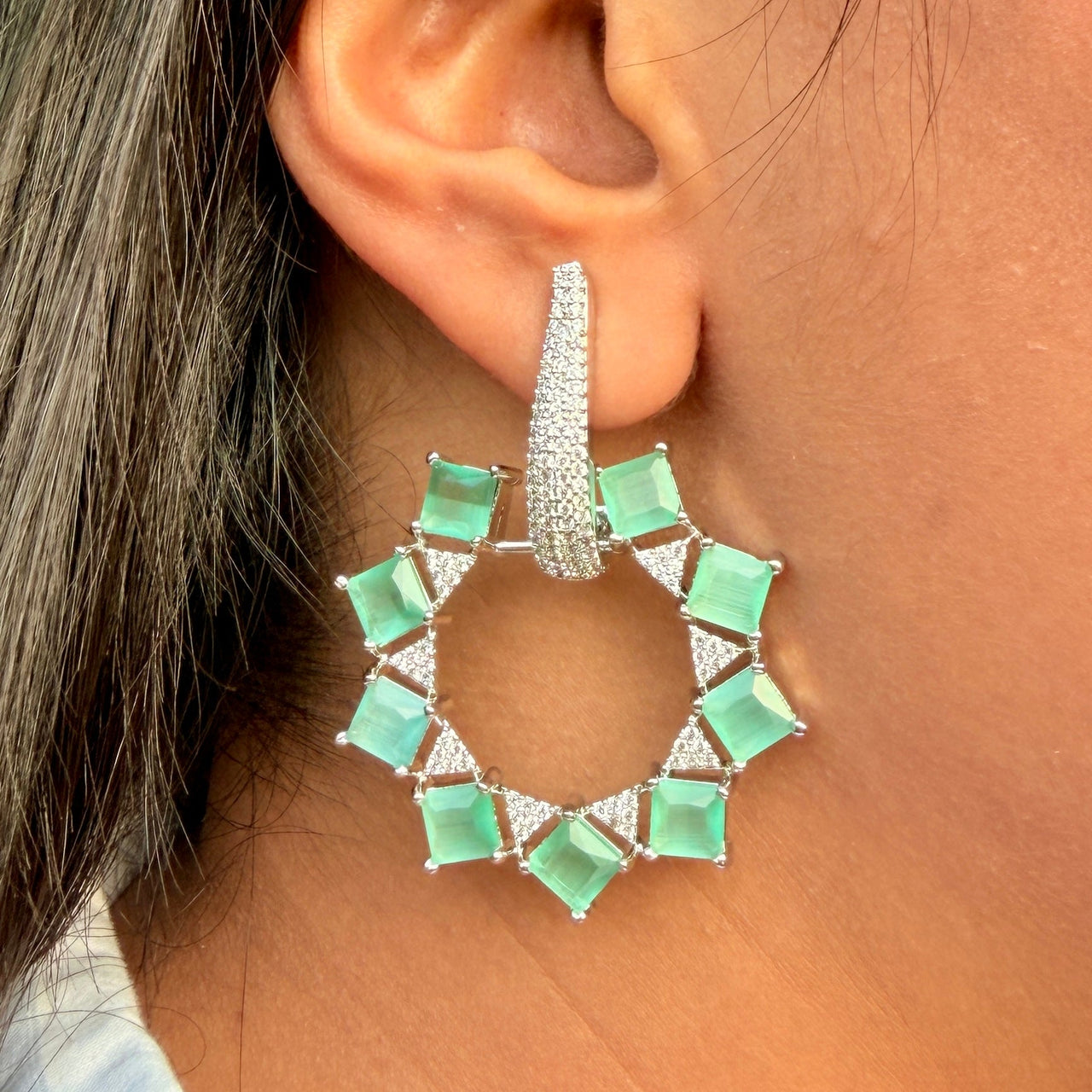 Mint Green CZ Drop Earrings – Silver Emerald Style Indian Jewelry