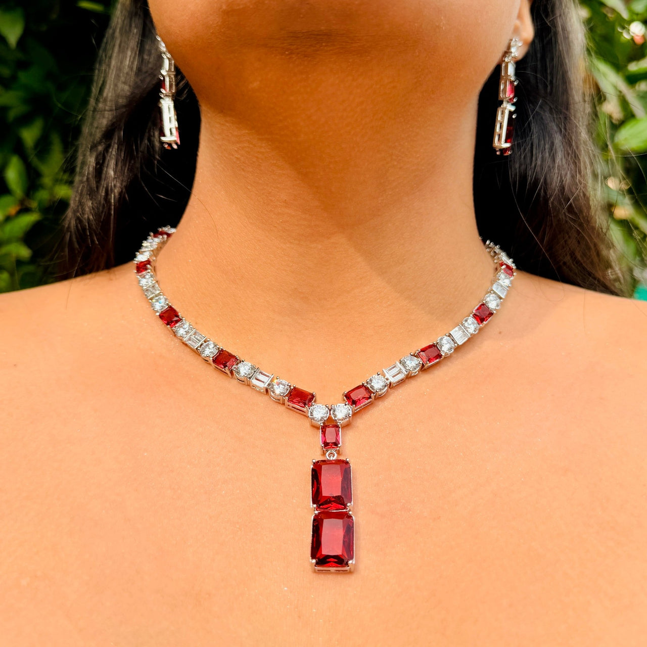 Ruby Red Bridal Necklace Set – Statement Wedding Jewelry with Earrings