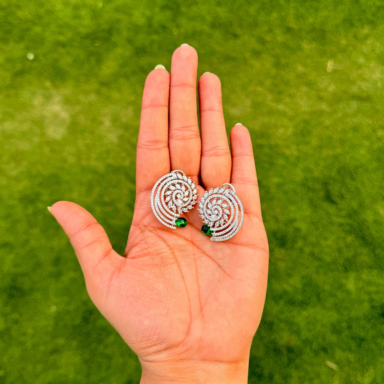Green CZ American Diamond Leaf Earrings – Silver Tone Elegant Jewelry