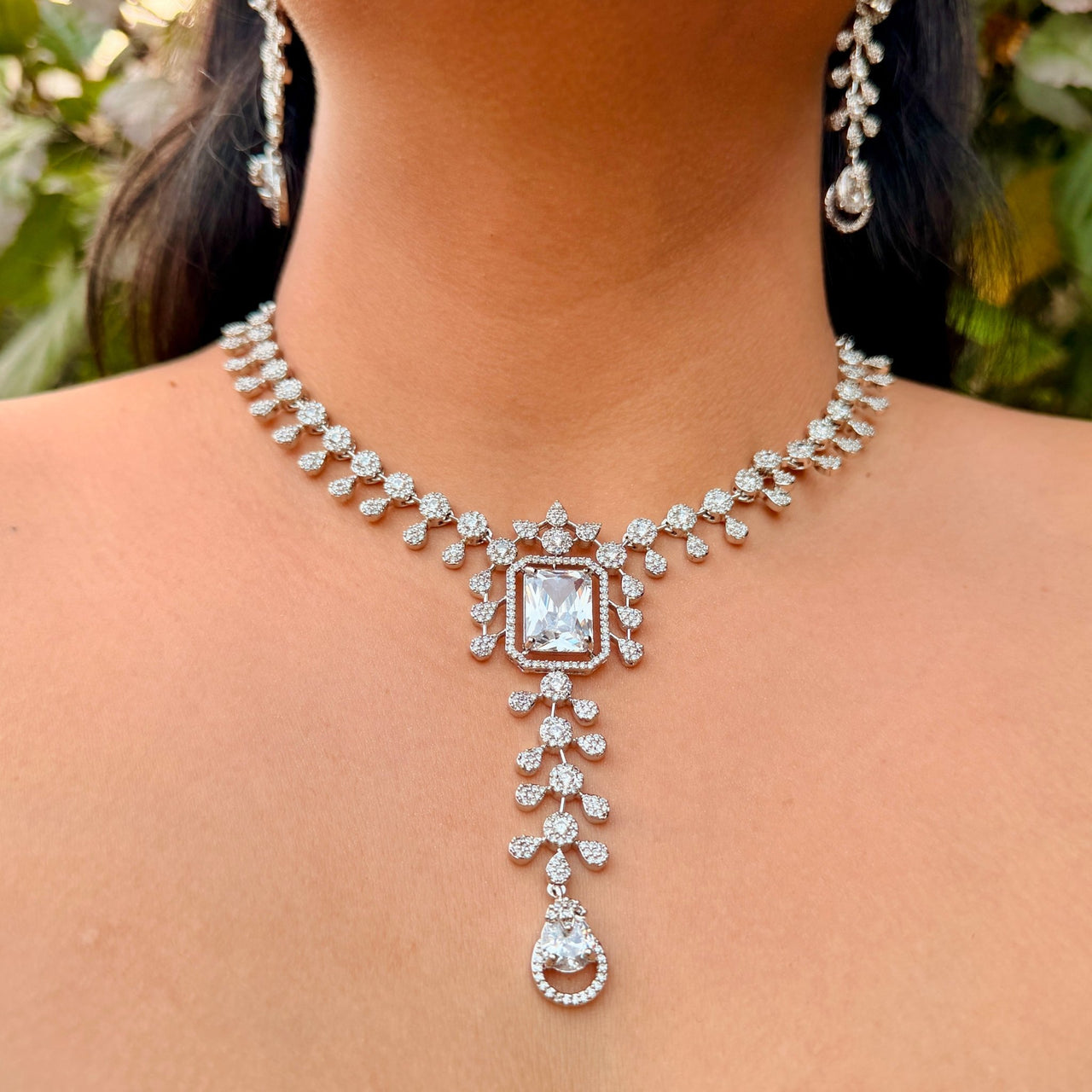 Elegant Bridal CZ AD Jewelry Set – Silver Necklace & Earrings Wedding Accessories