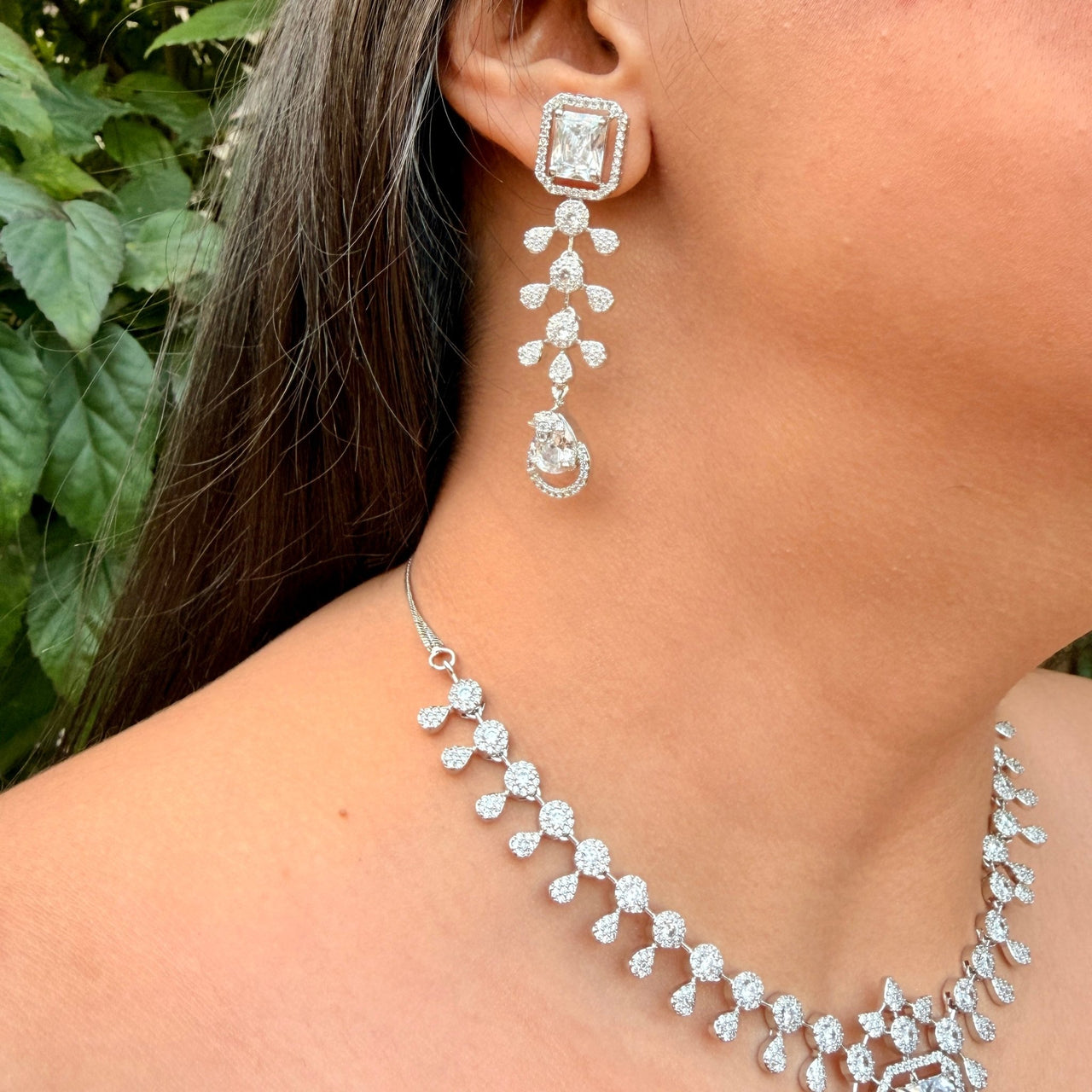 Elegant Bridal CZ AD Jewelry Set – Silver Necklace & Earrings Wedding Accessories