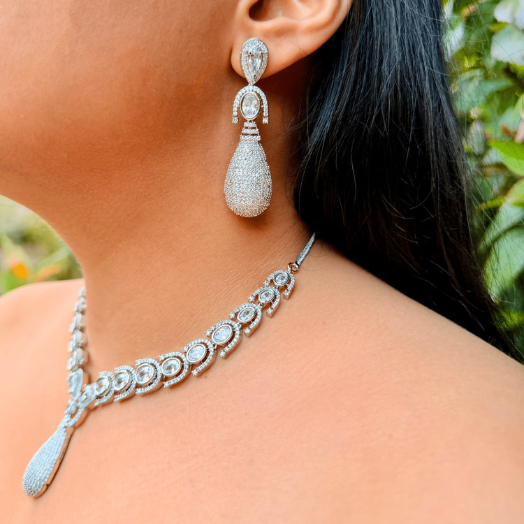 Luxury Cubic Zirconia Wedding Jewelry Set – Silver Bridal Necklace & Earrings