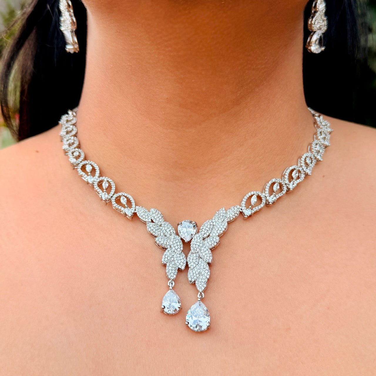 Beautiful Bridal Jewelry Set For Bride, Diamond Necklace and Earrings Set, Teardrop Pendant & Earrings Statement Necklace