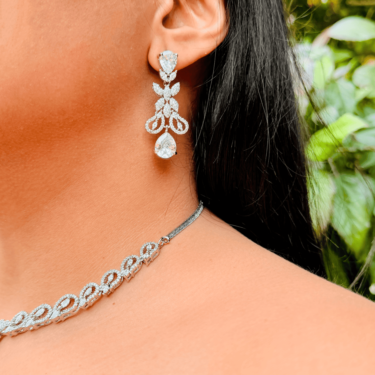 Beautiful Bridal Jewelry Set For Bride, Diamond Necklace and Earrings Set, Teardrop Pendant & Earrings Statement Necklace