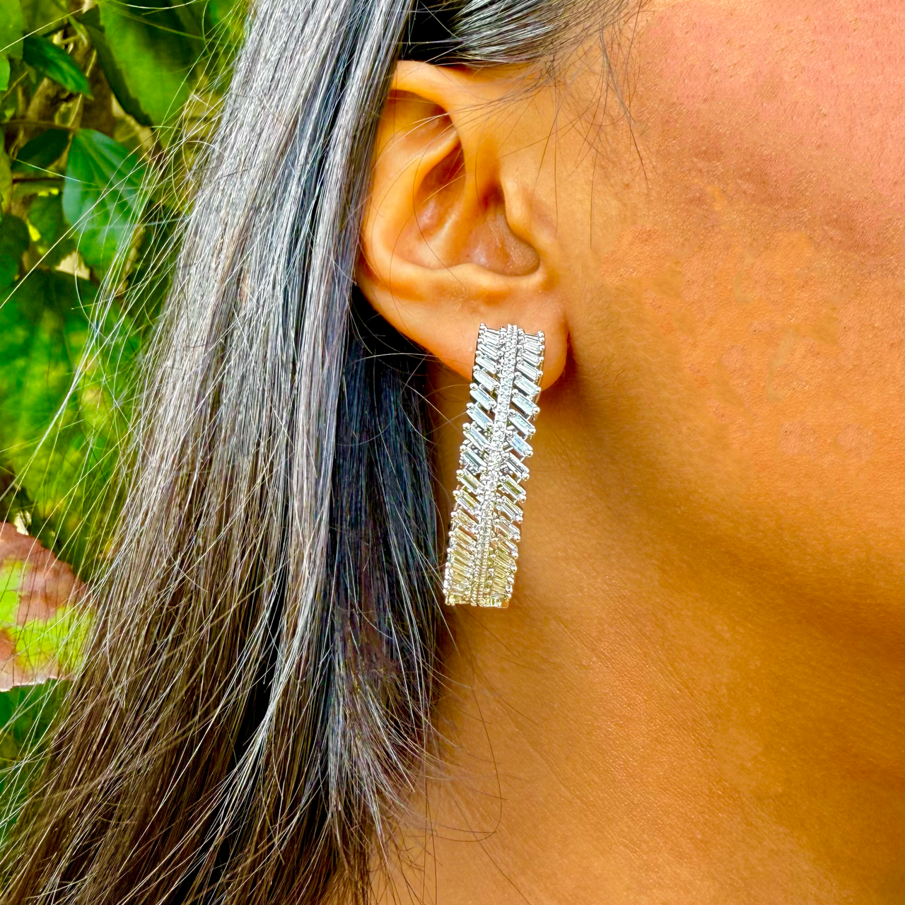 Elegant Silver Baguette Hoop Earrings – Sparkling Statement Party Jewelry