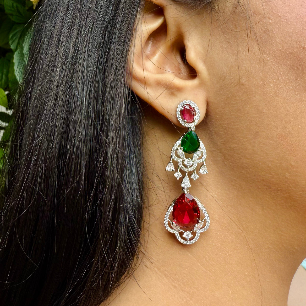 CZ Droplet Earrings – Ruby Emerald Multicolor Heavy Silver Finish Jewelry