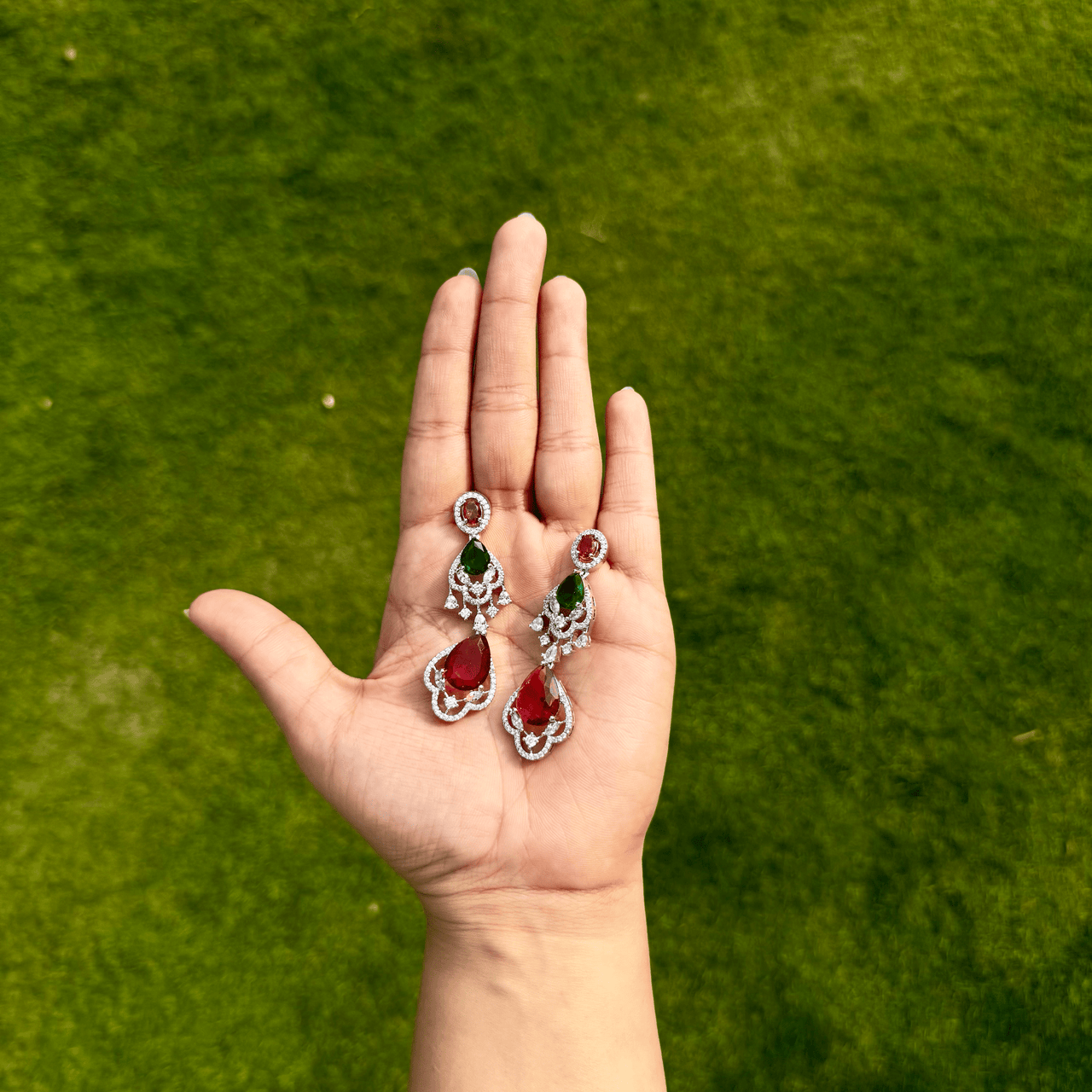 CZ Droplet Earrings – Ruby Emerald Multicolor Heavy Silver Finish Jewelry