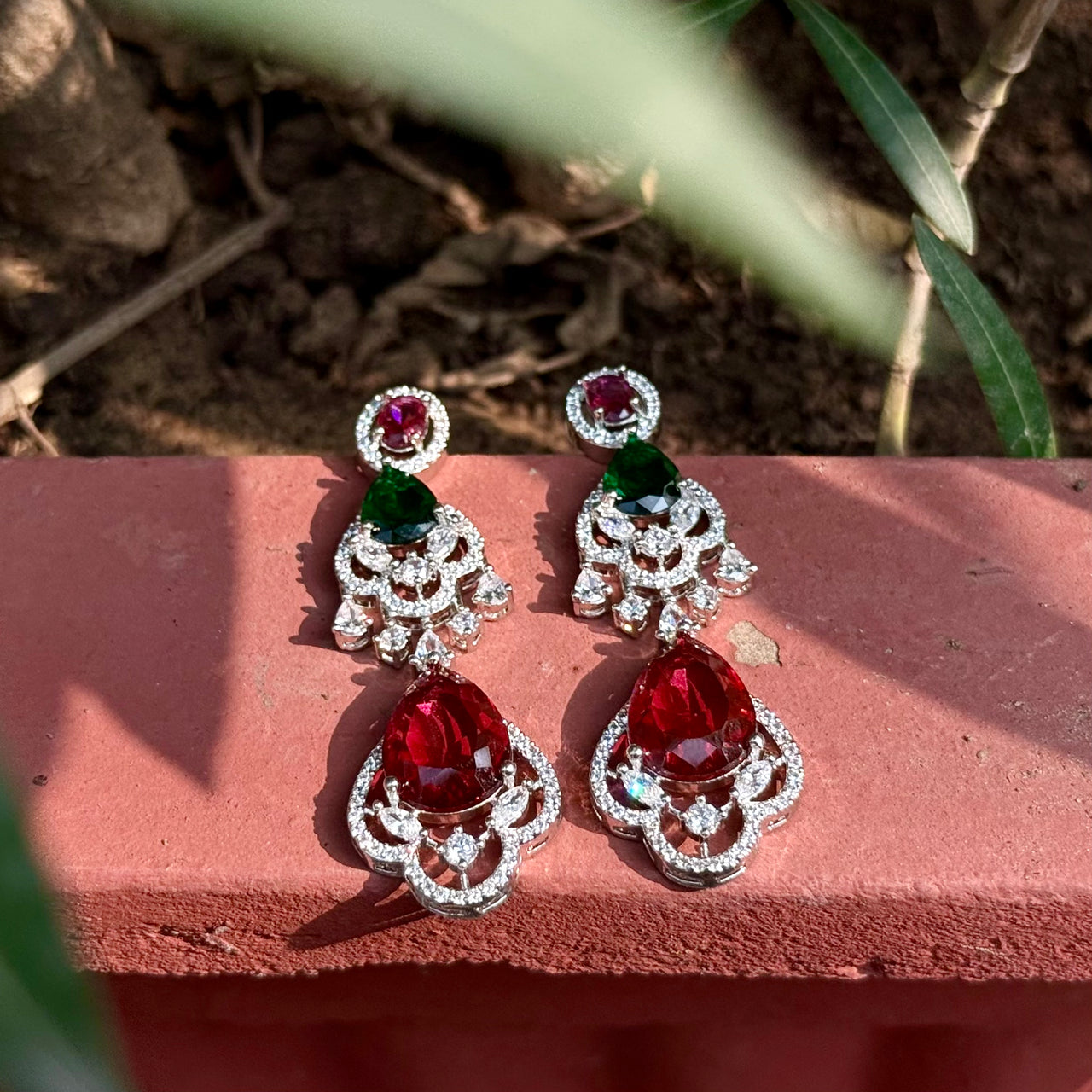 CZ Droplet Earrings – Ruby Emerald Multicolor Heavy Silver Finish Jewelry