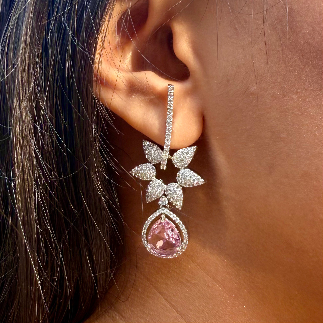 Pink Crystal Look Drop Earrings CZ AD – Floral Chandelier Silver Look Bridal Earrings