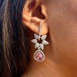 Thumbnail for Pink Crystal Look Drop Earrings CZ AD – Floral Chandelier Silver Look Bridal Earrings