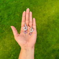 Thumbnail for Pink Crystal Look Drop Earrings CZ AD – Floral Chandelier Silver Look Bridal Earrings