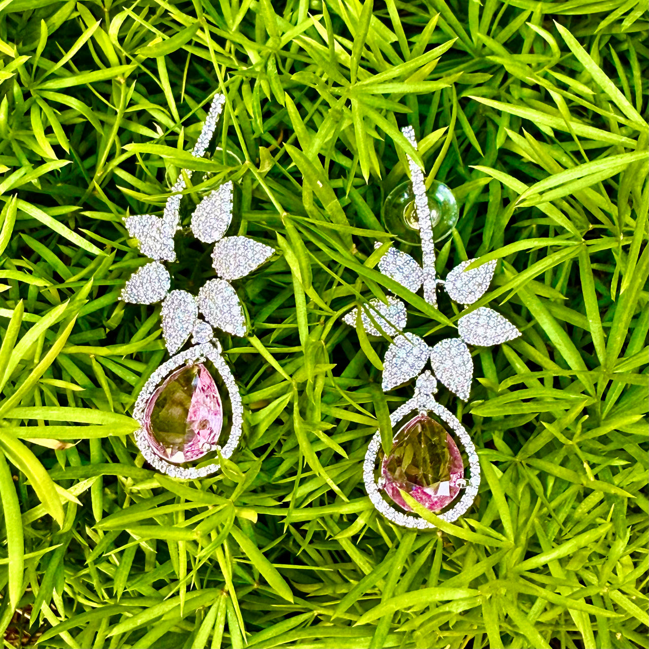 Pink Crystal Look Drop Earrings CZ AD – Floral Chandelier Silver Look Bridal Earrings