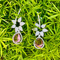 Thumbnail for Pink Crystal Look Drop Earrings CZ AD – Floral Chandelier Silver Look Bridal Earrings