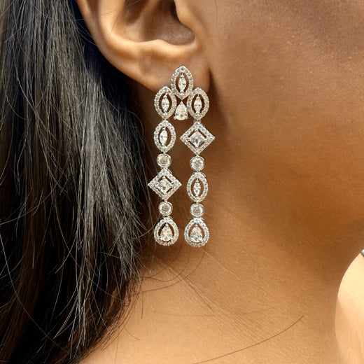 Elegant CZ Dangle Earrings – Silver Tone American Diamond Bridal Jewelry