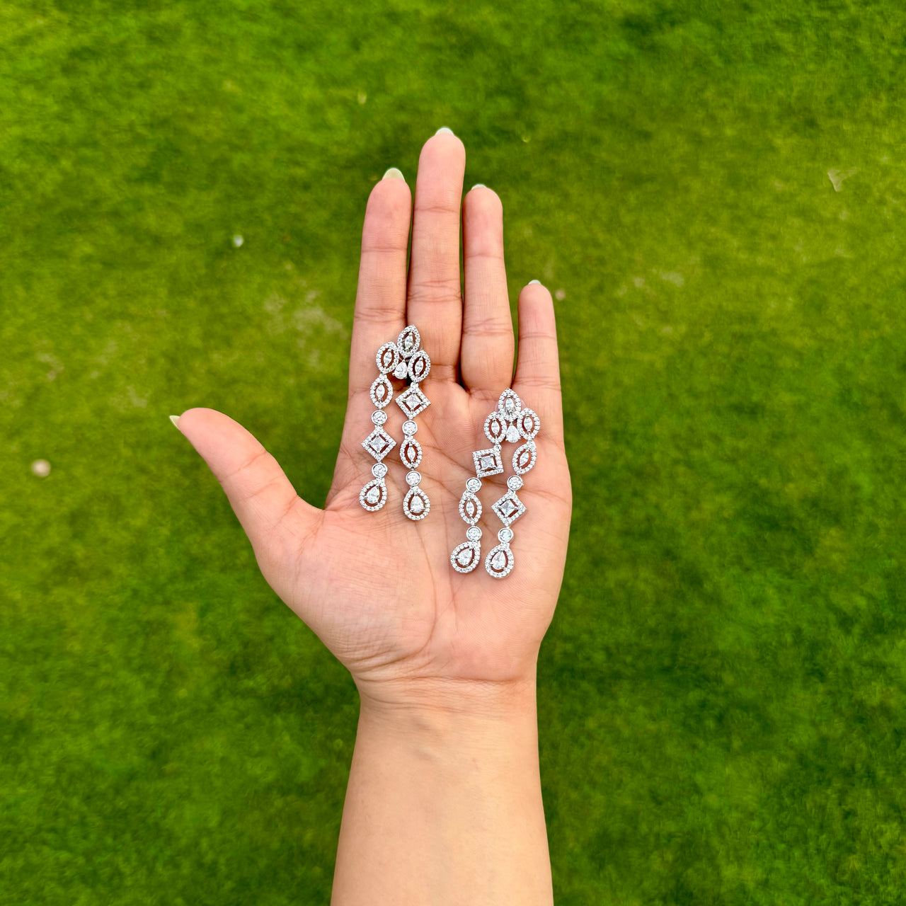 Elegant CZ Dangle Earrings – Silver Tone American Diamond Bridal Jewelry