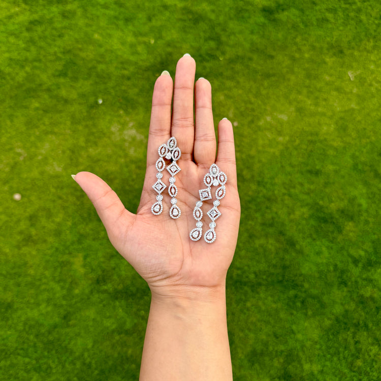 Elegant CZ Dangle Earrings – Silver Tone American Diamond Bridal Jewelry