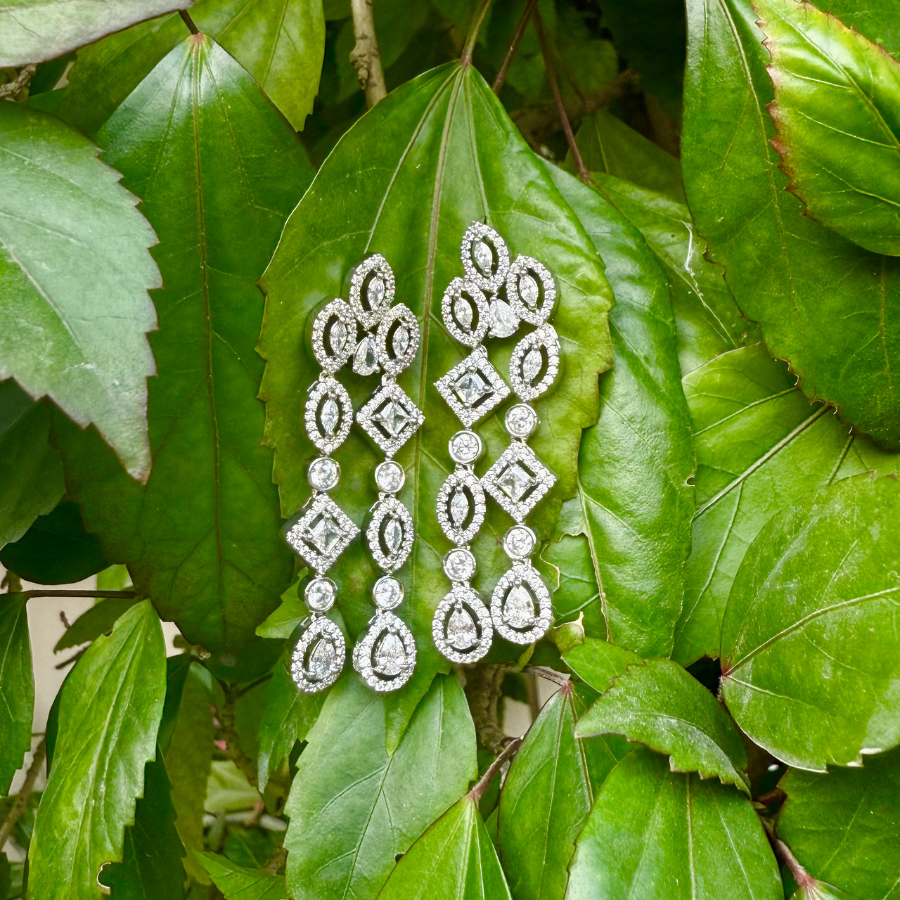 Elegant CZ Dangle Earrings – Silver Tone American Diamond Bridal Jewelry
