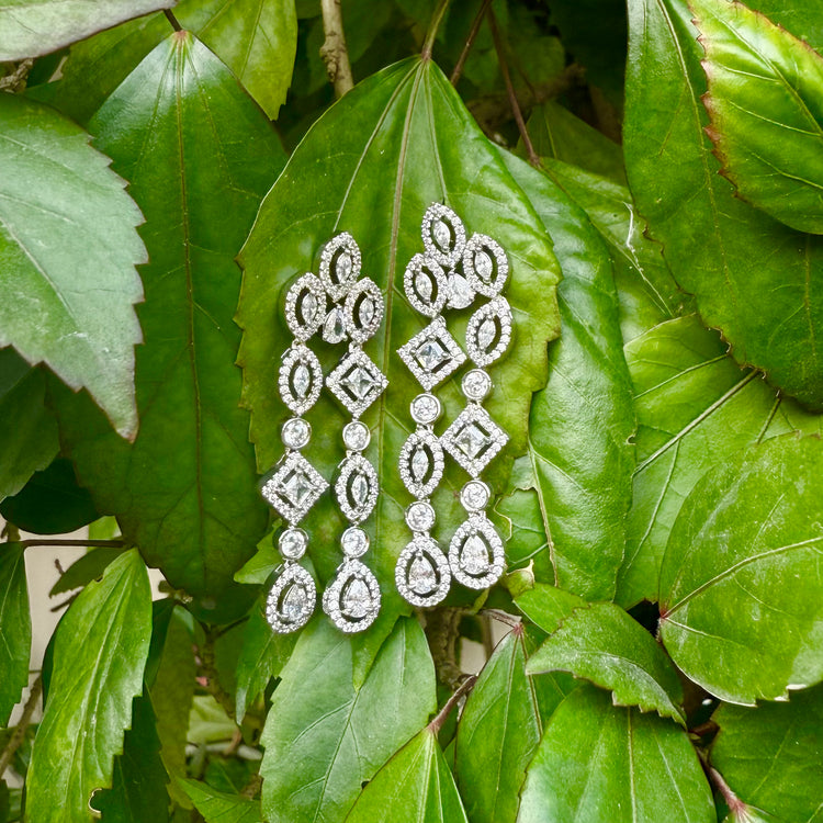 Elegant CZ Dangle Earrings – Silver Tone American Diamond Bridal Jewelry
