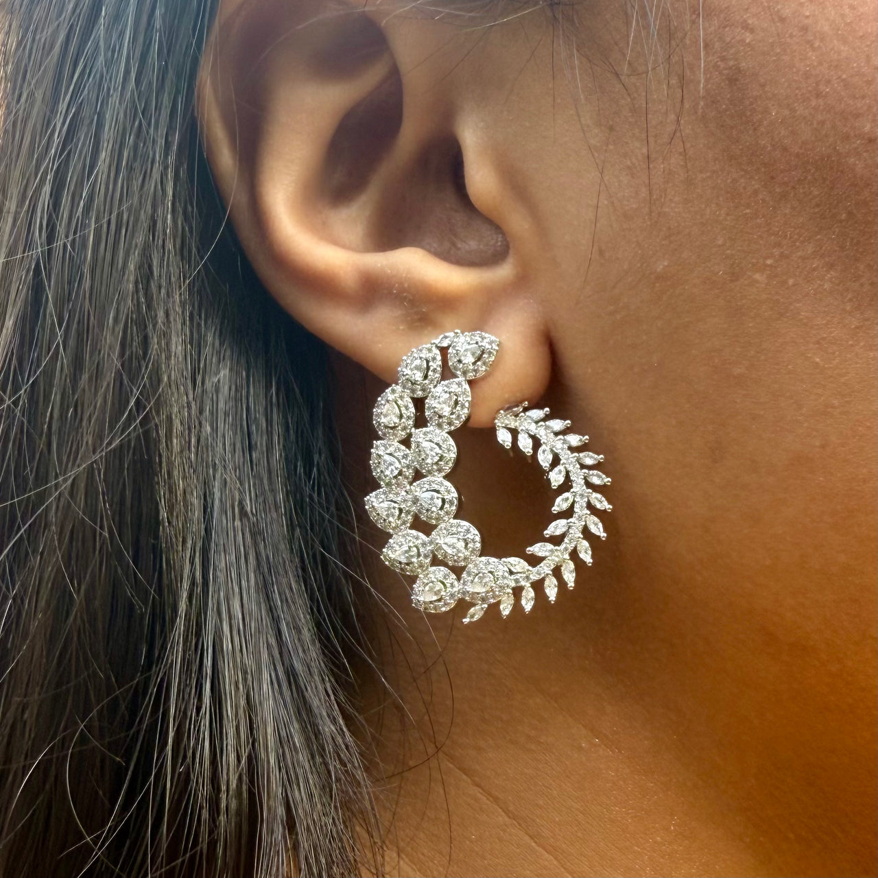 CZ Leaf Hoop Earrings – Silver Tone Indian Party Wear Jewelry