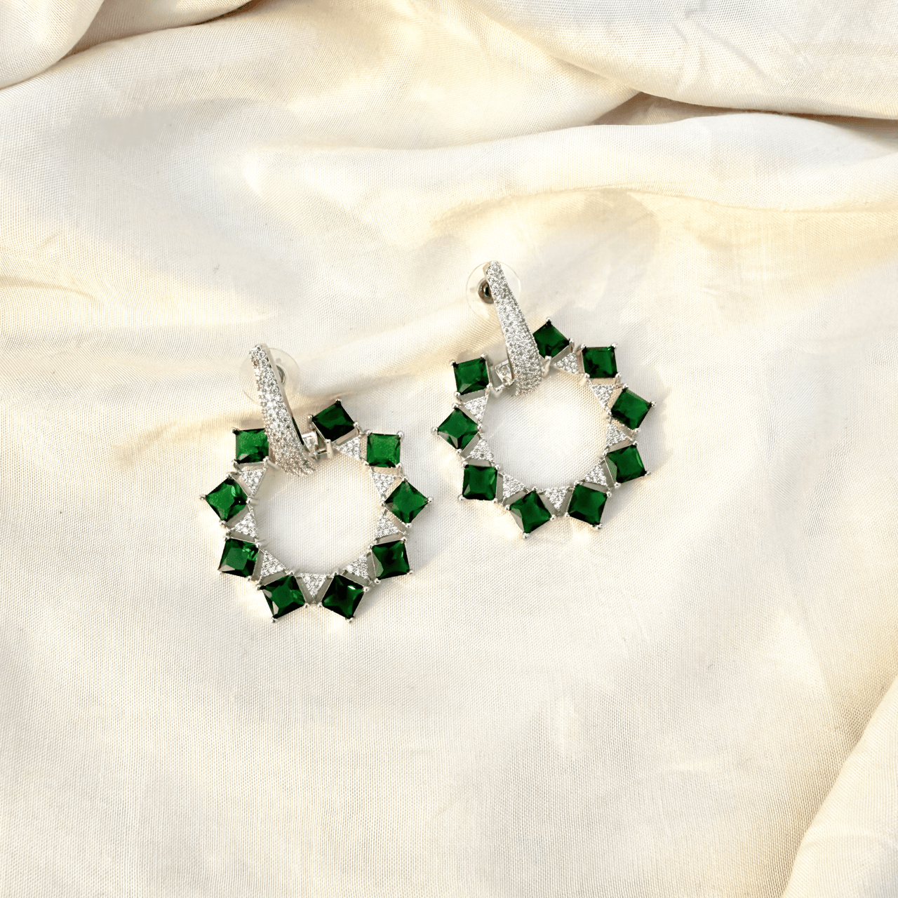 Emerald Mint Green CZ Dangle Earrings – Silver Tone Statement Indian Jewelry