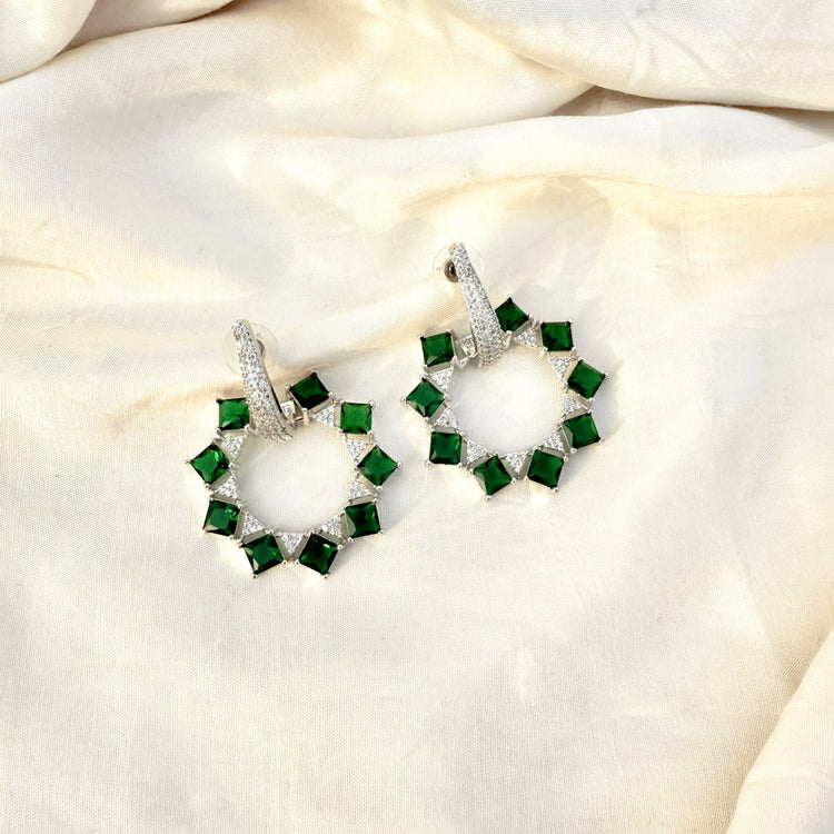 Emerald Mint Green CZ Dangle Earrings – Silver Tone Statement Indian Jewelry