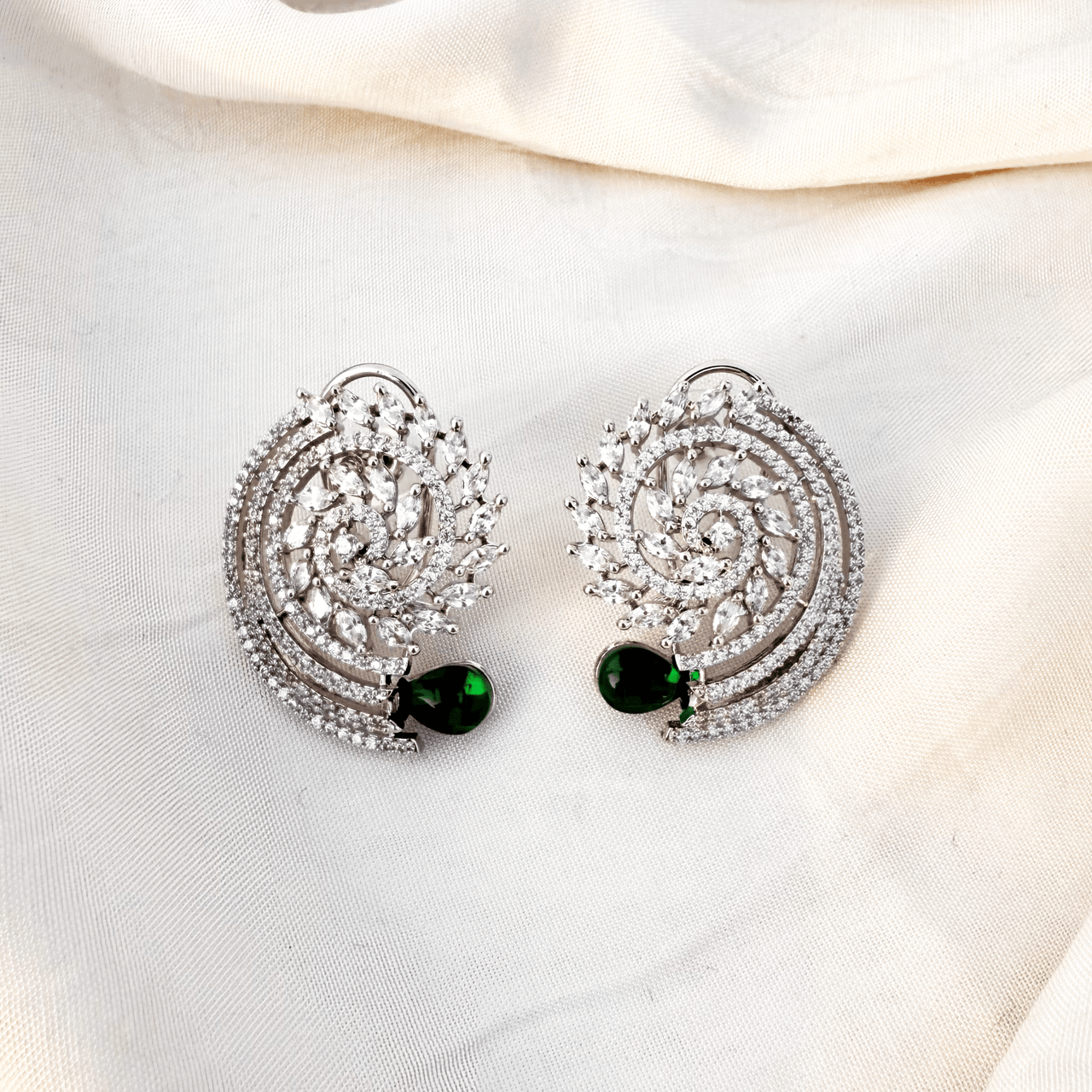 Green CZ American Diamond Leaf Earrings – Silver Tone Elegant Jewelry