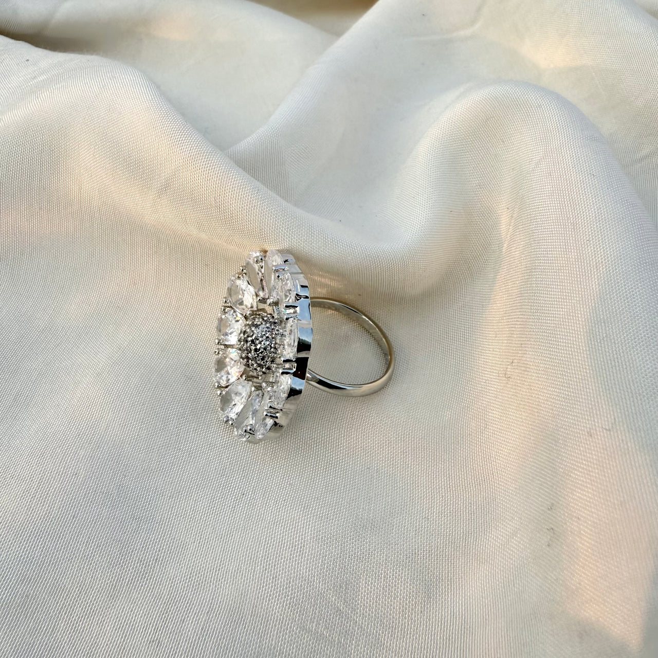 Floral CZ Adjustable Ring – Silver Tone Flower Statement Jewelry
