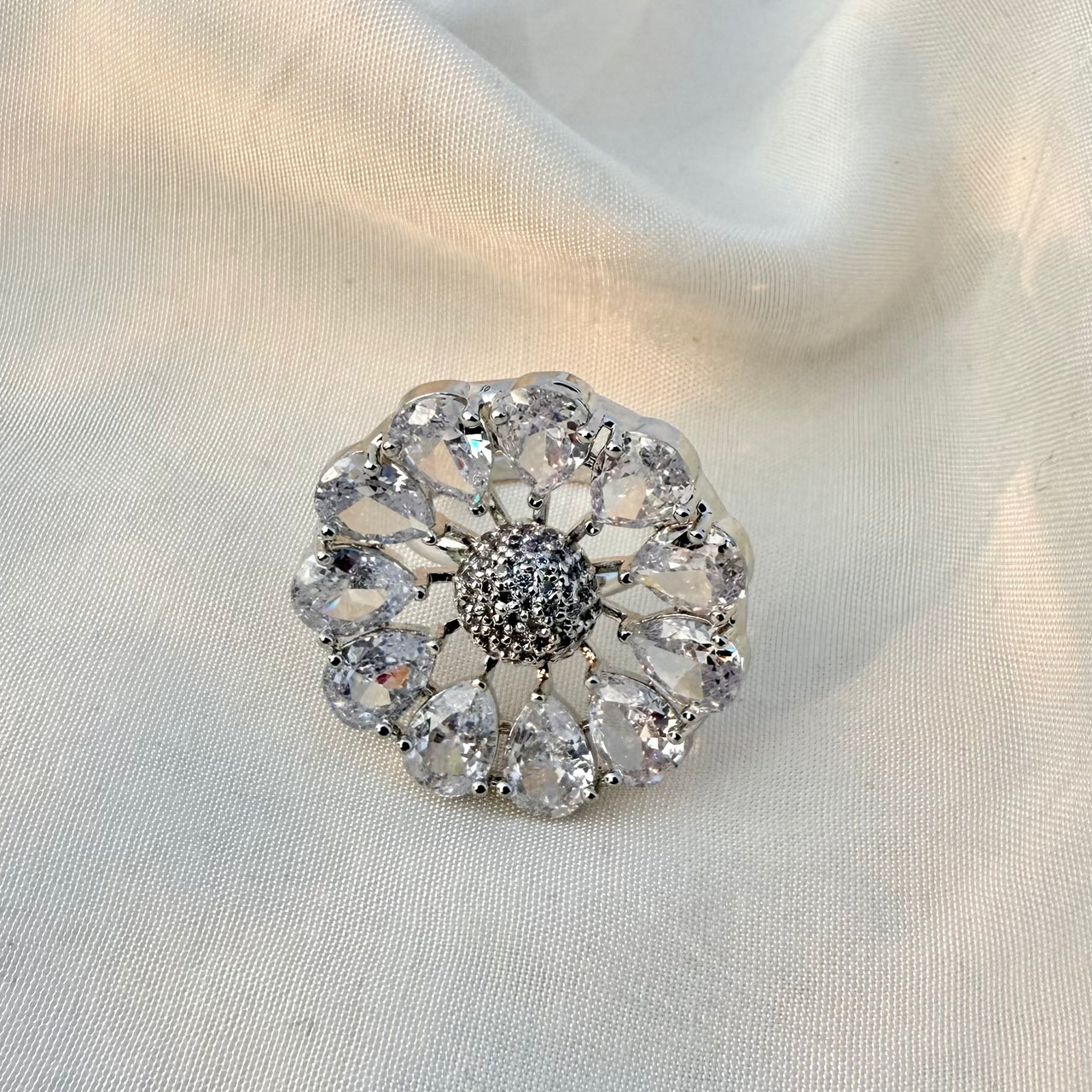 Floral CZ Adjustable Ring – Silver Tone Flower Statement Jewelry