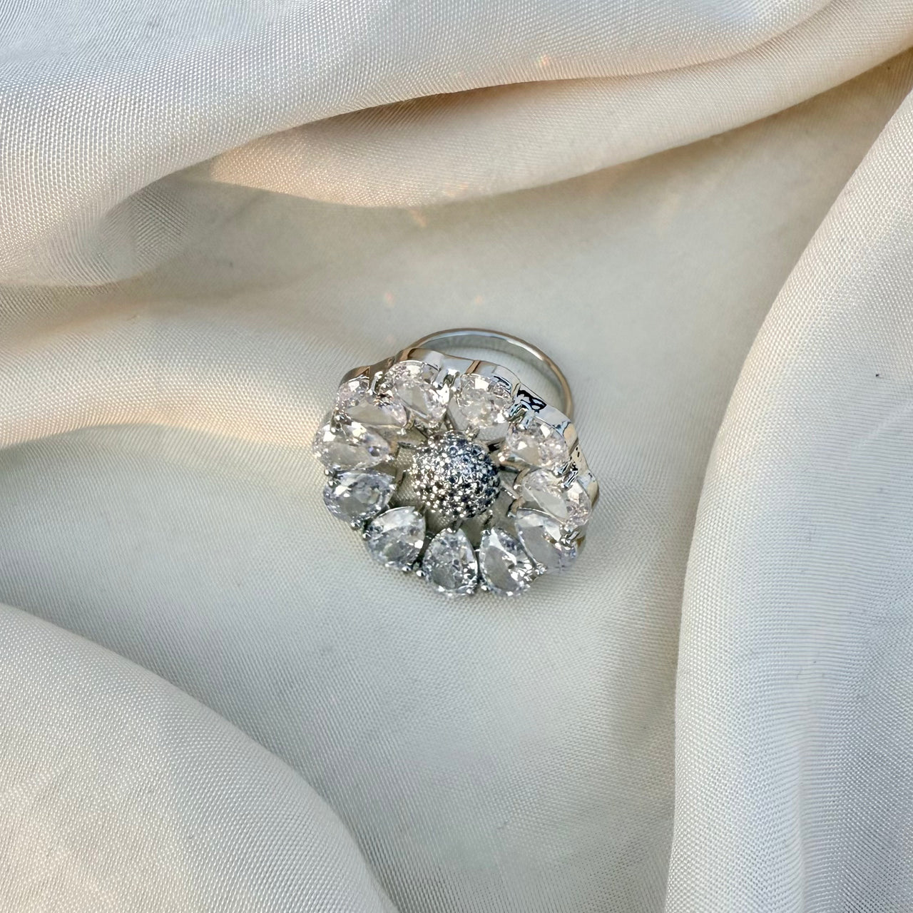Floral CZ Adjustable Ring – Silver Tone Flower Statement Jewelry