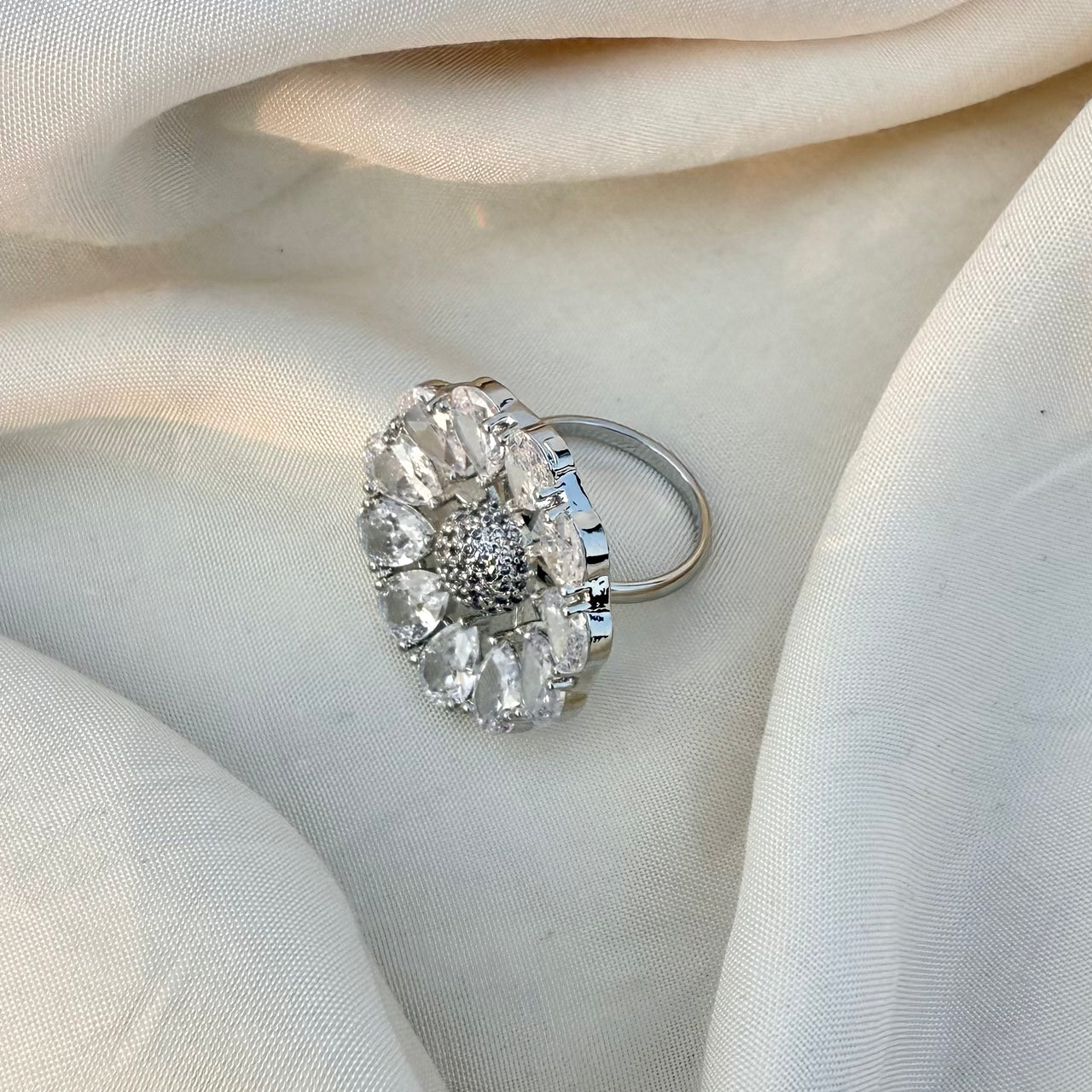 Floral CZ Adjustable Ring – Silver Tone Flower Statement Jewelry