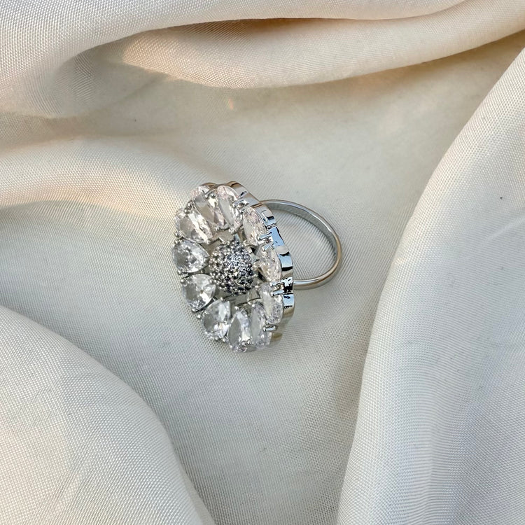 Clear CZ Daisy Statement Ring – Silver Tone Flower Ring