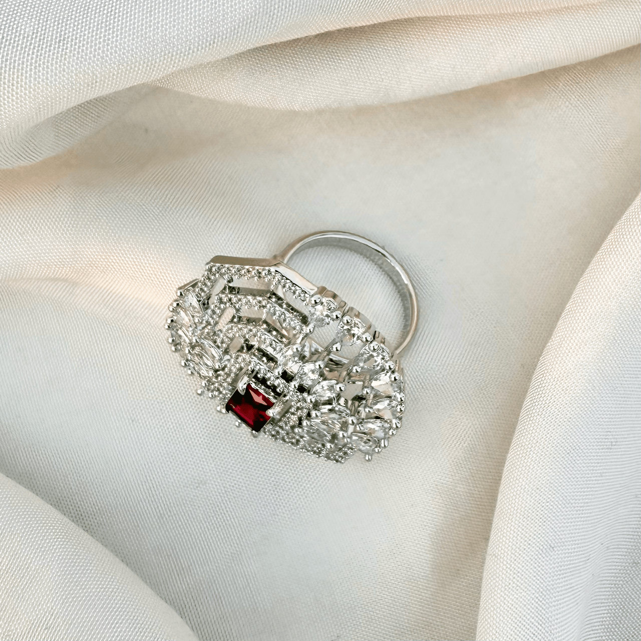 Elegant Floral Cubic Zirconia Statement Ring – Adjustable Silver Tone Flower Jewelry for Women