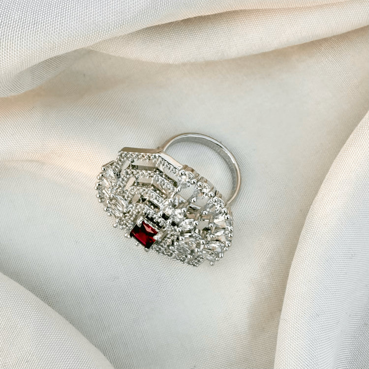 Pink Ruby Octagon CZ Statement Ring – Adjustable Silver Flower Ring
