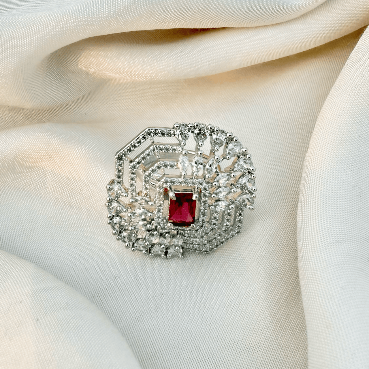 Elegant Floral Cubic Zirconia Statement Ring – Adjustable Silver Tone Flower Jewelry for Women