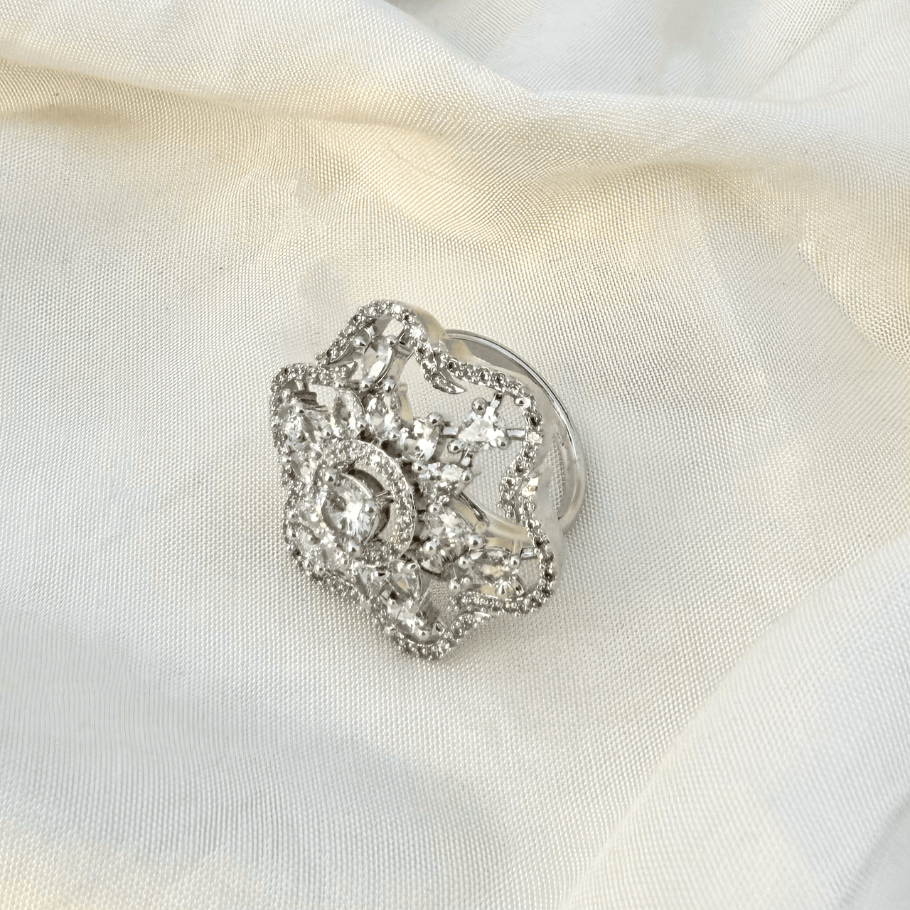 Elegant Floral CZ Statement Ring | Silver Plated Cocktail Ring Jewelry for Her