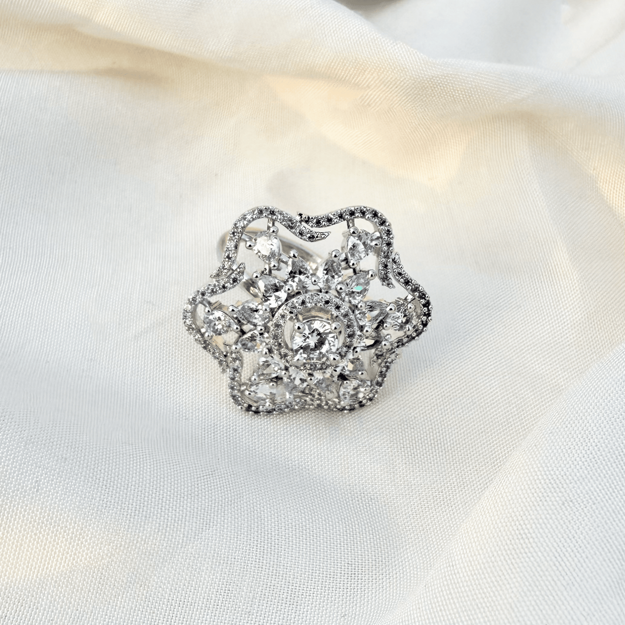 Elegant Floral CZ Statement Ring | Silver Plated Cocktail Ring Jewelry for Her