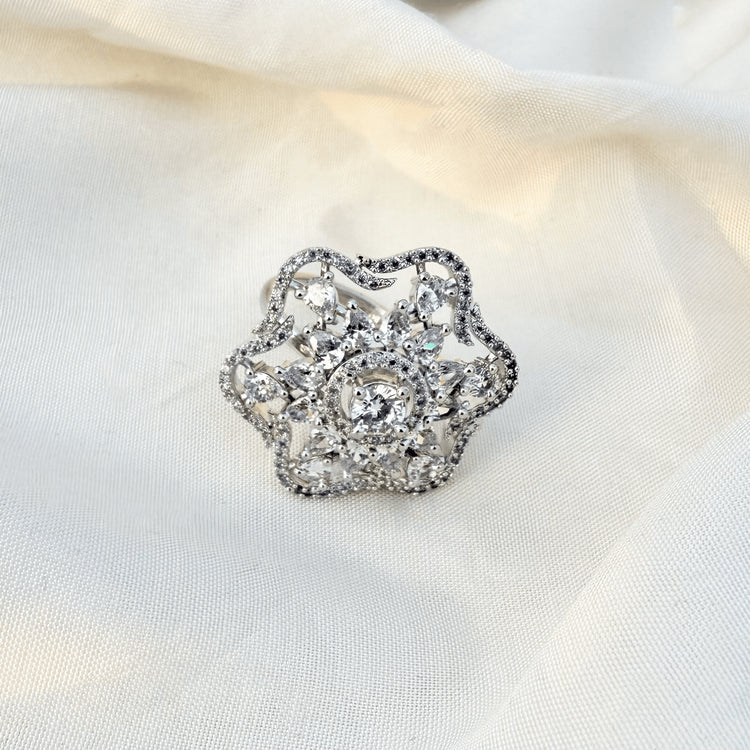 Six-Petal Star CZ Statement Ring – Silver Plated Cocktail Ring for Her