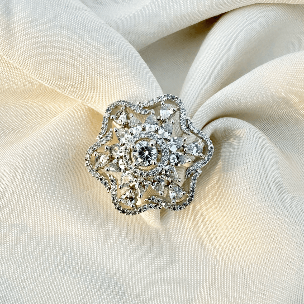 Elegant Floral CZ Statement Ring | Silver Plated Cocktail Ring Jewelry for Her