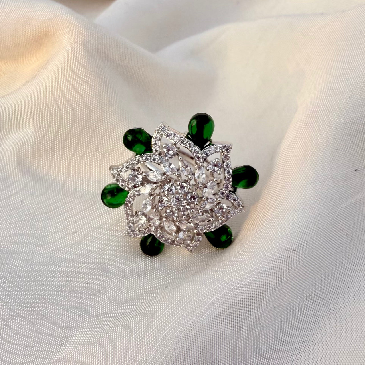 Emerald Floral CZ Statement Ring, Silver Tone Adjustable Band