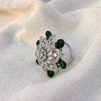Thumbnail for Emerald Floral CZ Statement Ring, Silver Tone Adjustable Band