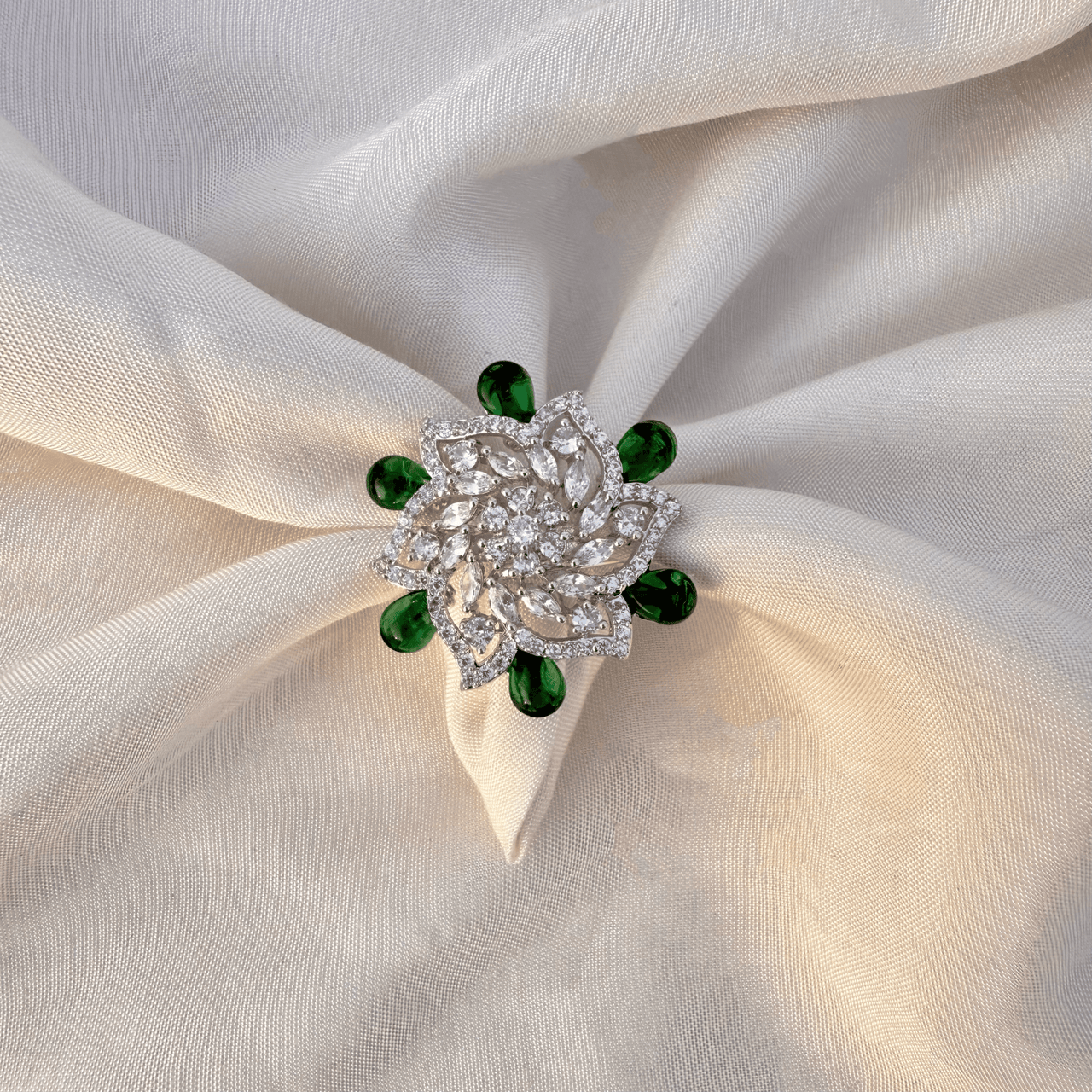 Emerald Floral CZ Statement Ring, Silver Tone Adjustable Band