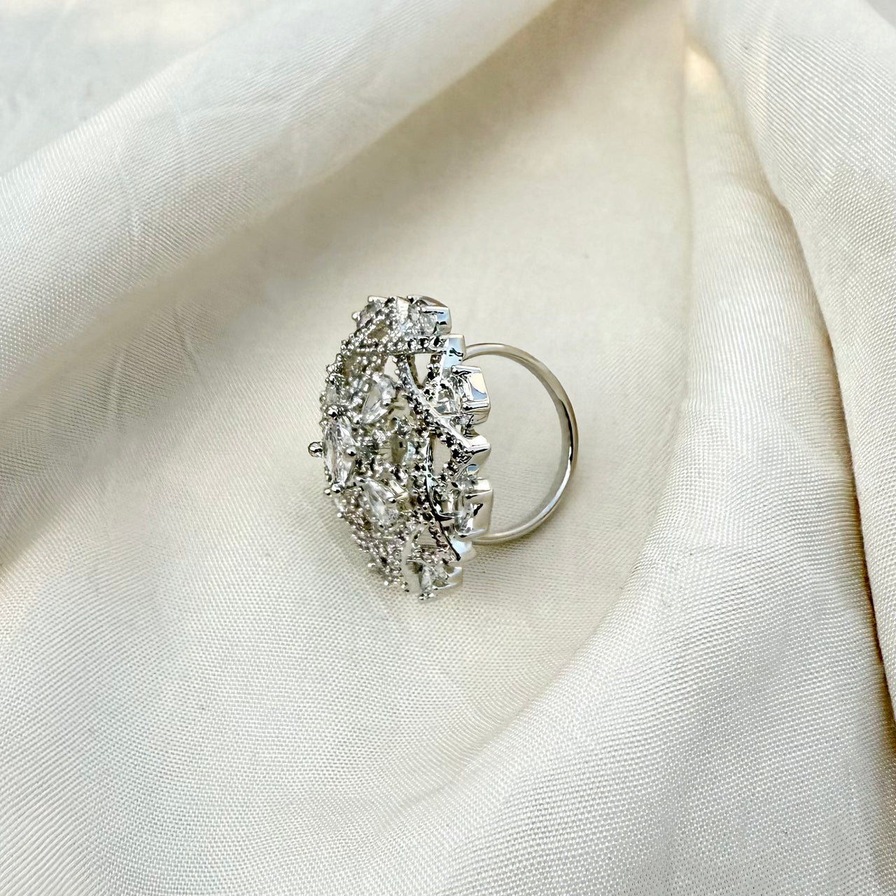 Modern CZ Floral Statement Ring – Adjustable Silver Jewelry for Women