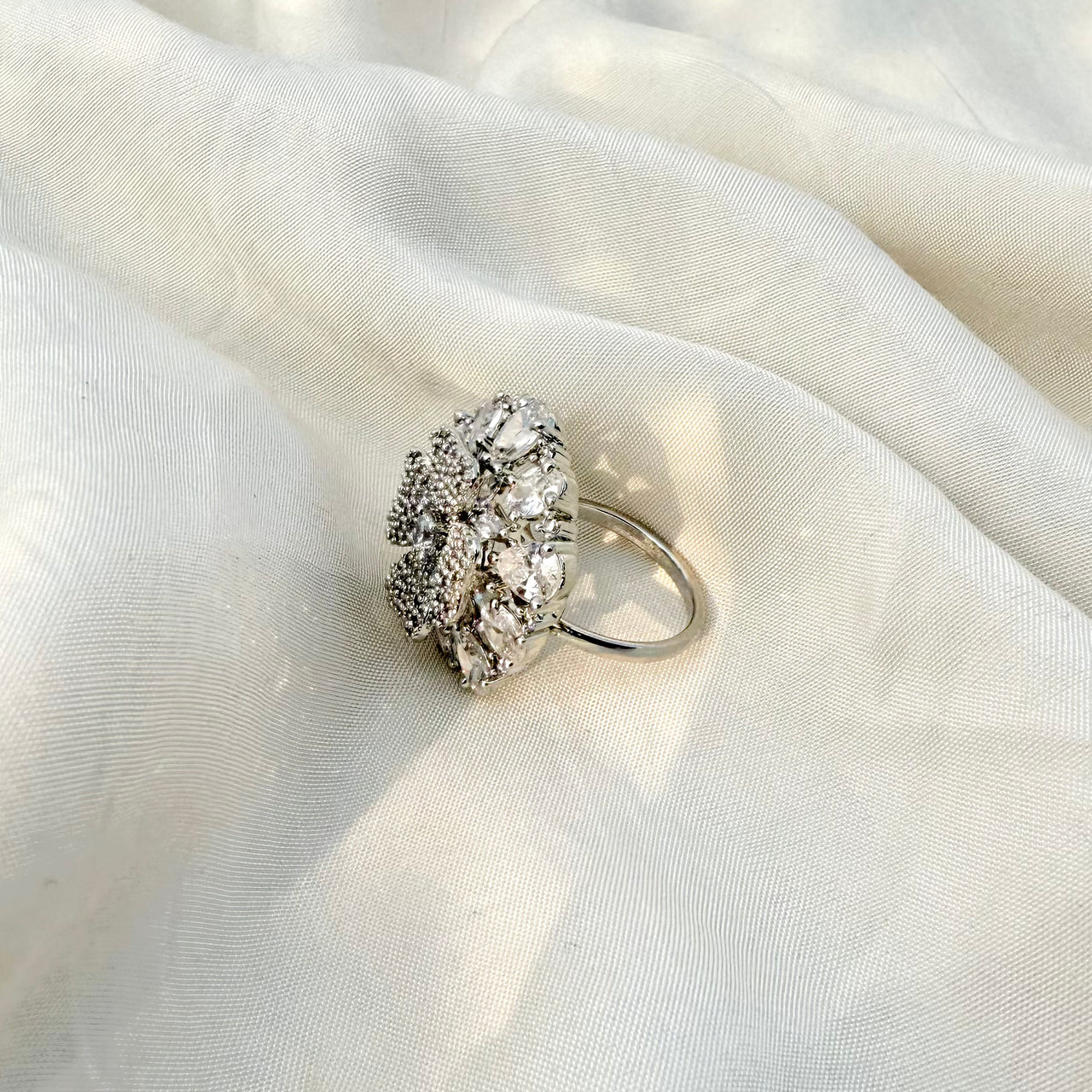 Elegant White American Diamond Ring – Adjustable Silver CZ Cocktail Ring for Prom