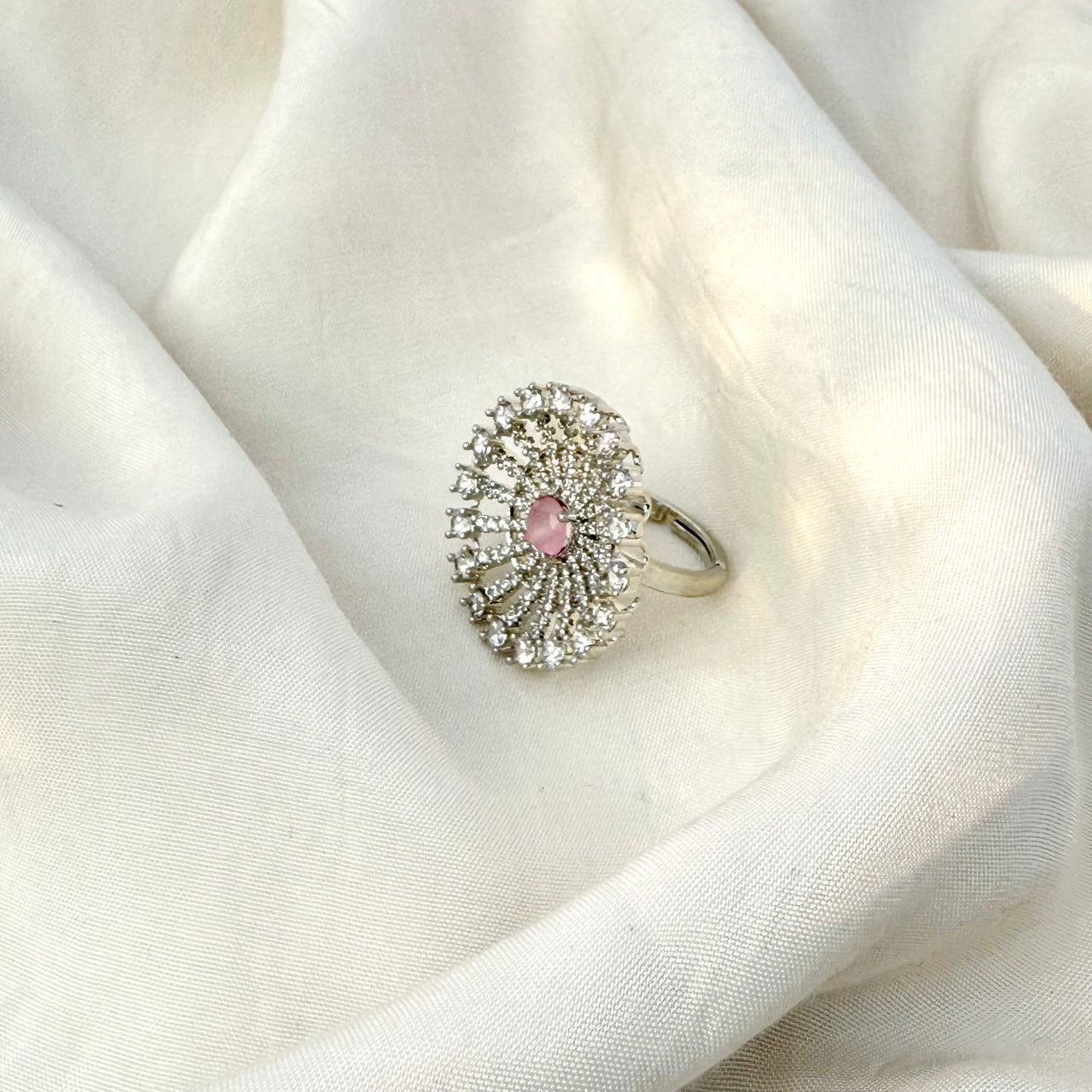 Adjustable Blush Pink CZ Statement Ring – Silver American Diamond Cocktail Ring