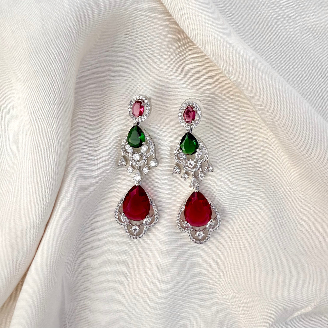 CZ Droplet Earrings – Ruby Emerald Multicolor Heavy Silver Finish Jewelry
