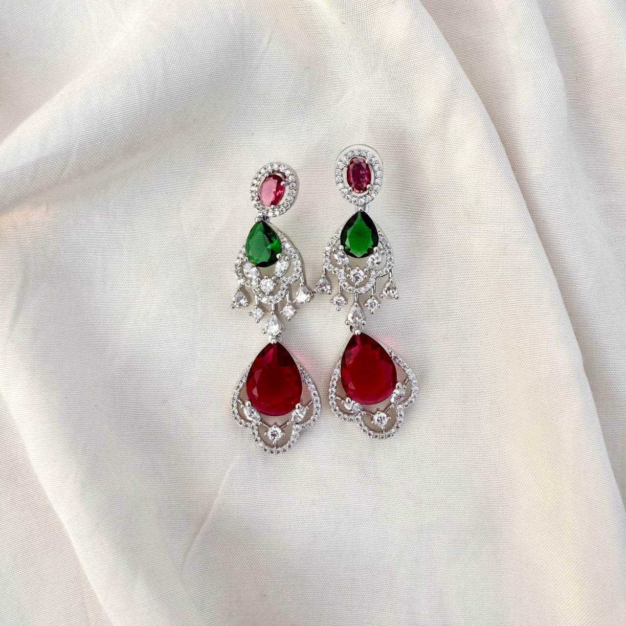 CZ Droplet Earrings – Ruby Emerald Multicolor Heavy Silver Finish Jewelry
