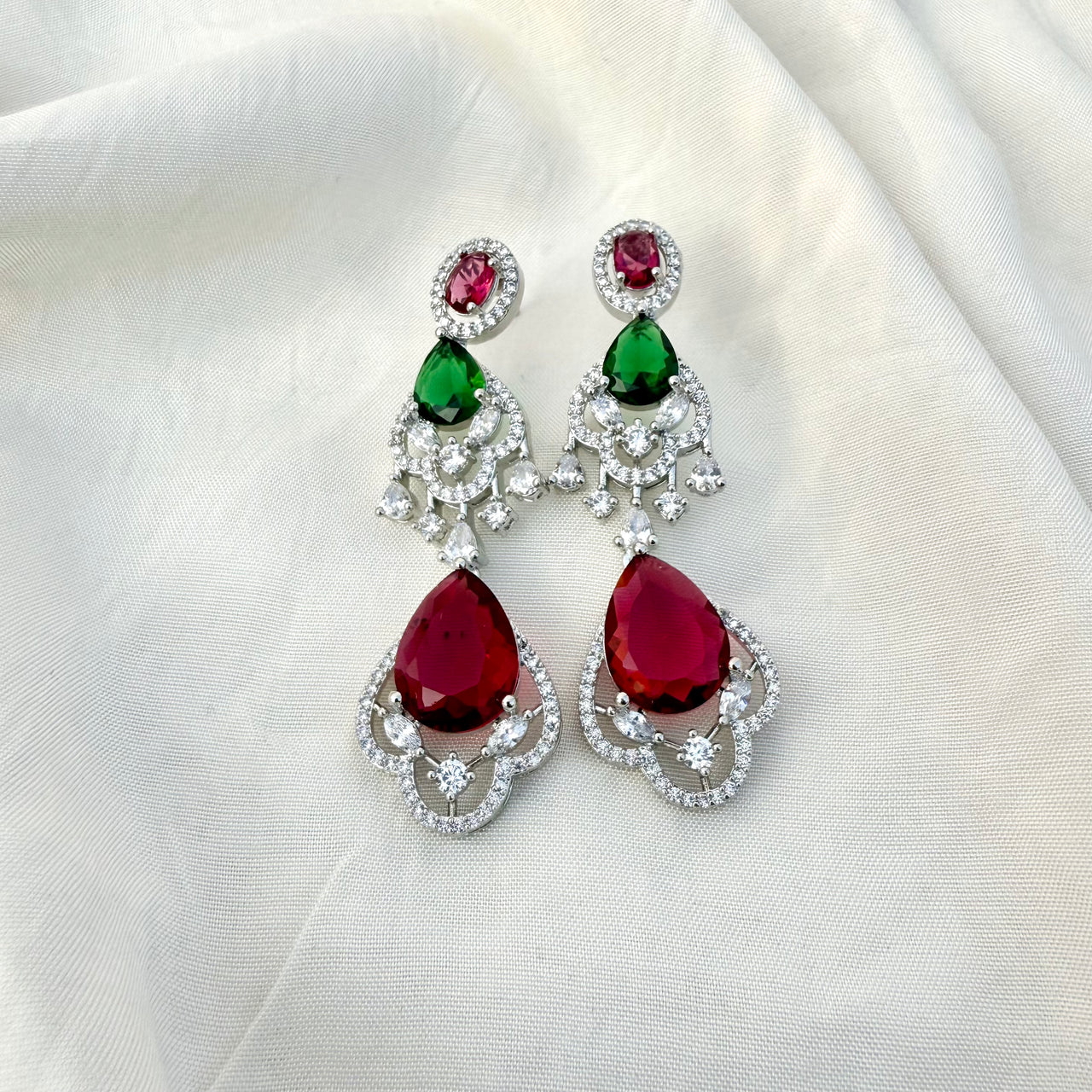 CZ Droplet Earrings – Ruby Emerald Multicolor Heavy Silver Finish Jewelry