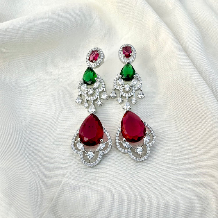 CZ Droplet Earrings – Ruby Emerald Multicolor Heavy Silver Finish Jewelry