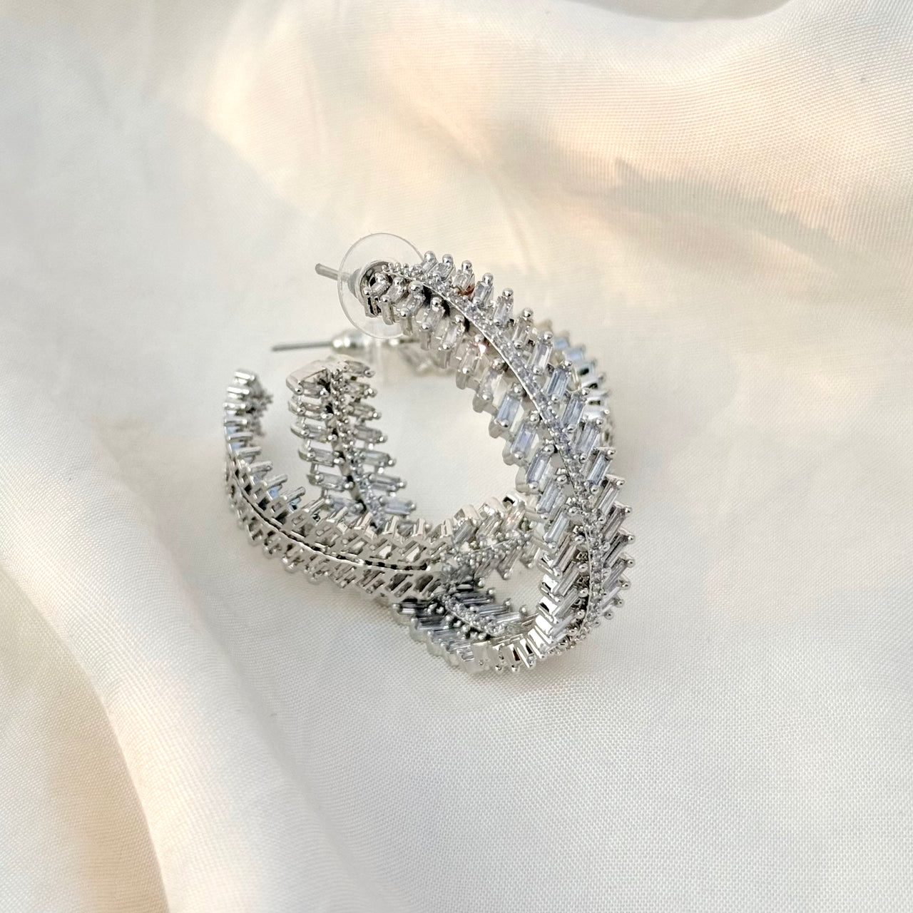 Elegant Silver Baguette Hoop Earrings – Sparkling Statement Party Jewelry